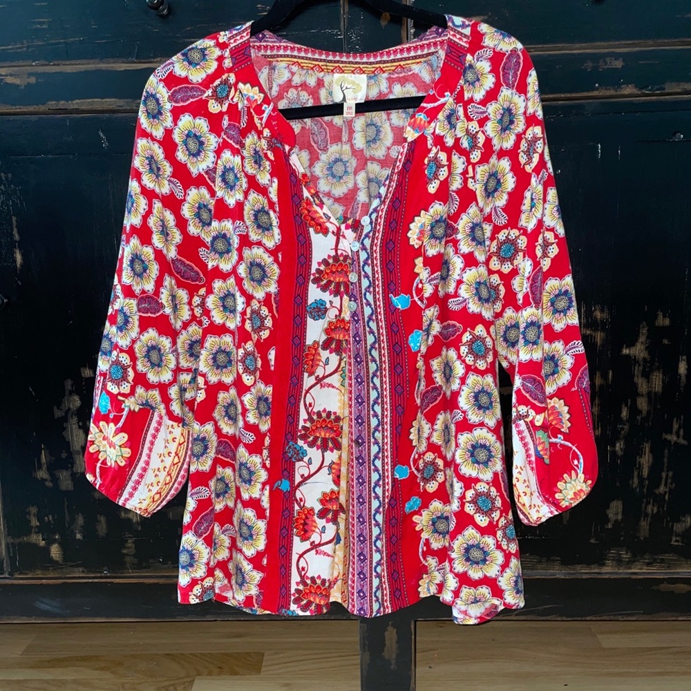 Anthropologie Fig and Flower Blouse Womens Size M Red Floral Top